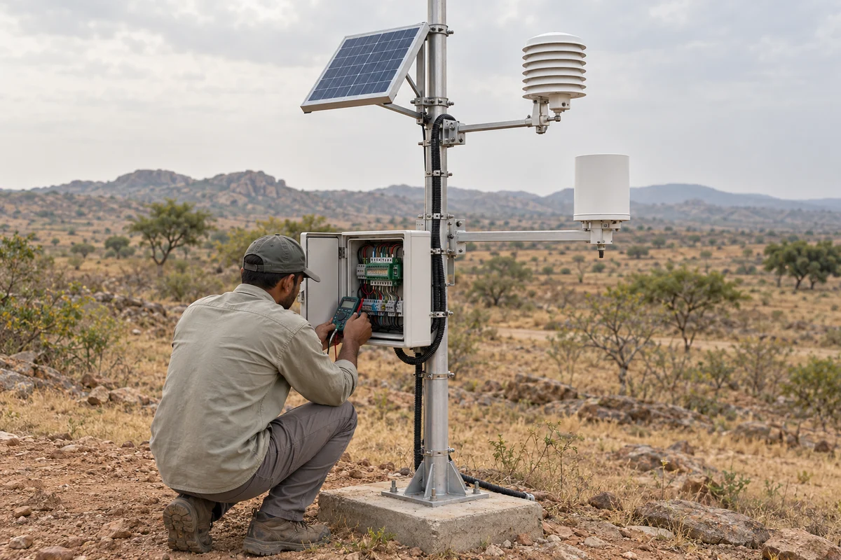 Illustrative field engineer checking a data logger at an environmental monitoring station